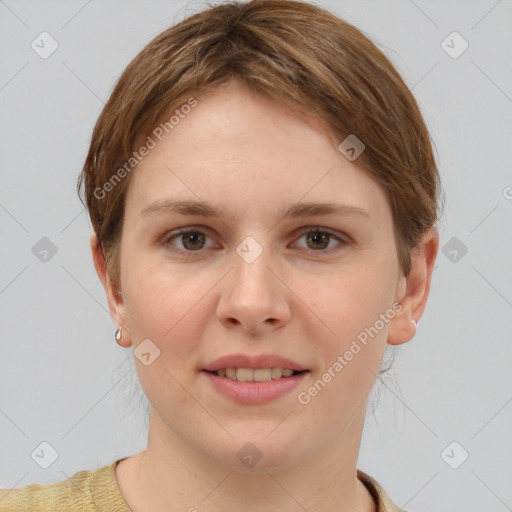 Joyful white young-adult female with short  brown hair and grey eyes