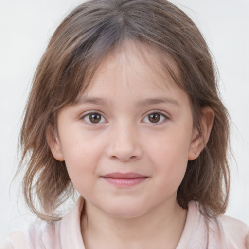 Joyful white child female with medium  brown hair and grey eyes