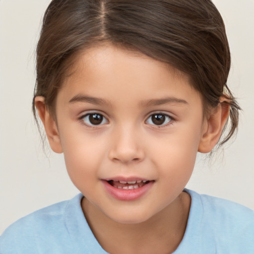 Joyful white child female with medium  brown hair and brown eyes