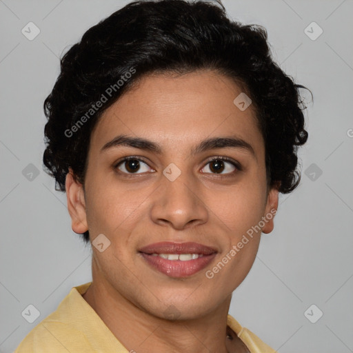 Joyful latino young-adult female with short  brown hair and brown eyes