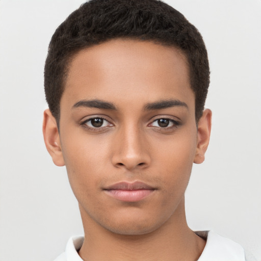 Neutral latino young-adult male with short  brown hair and brown eyes