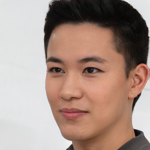 Neutral asian young-adult male with short  black hair and brown eyes