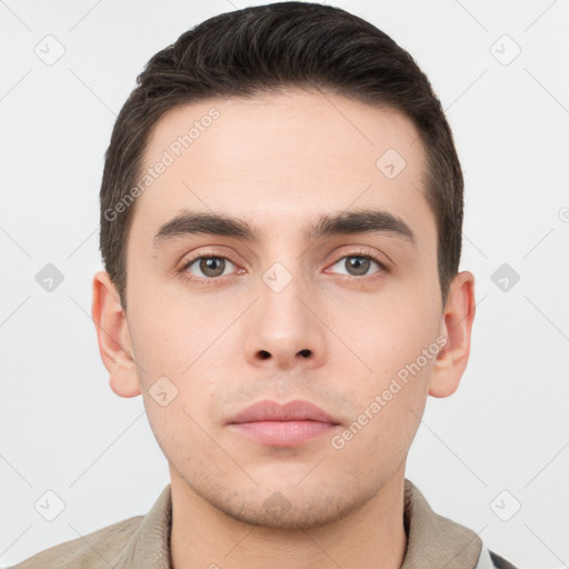 Neutral white young-adult male with short  brown hair and brown eyes