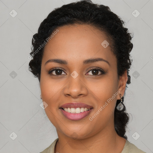 Joyful latino young-adult female with long  brown hair and brown eyes