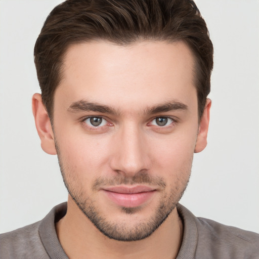 Neutral white young-adult male with short  brown hair and brown eyes