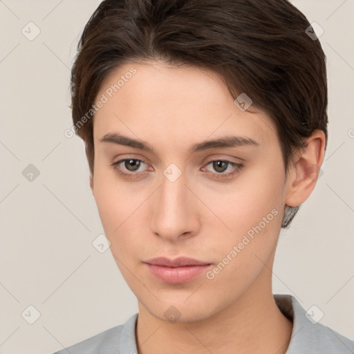 Neutral white young-adult female with short  brown hair and brown eyes