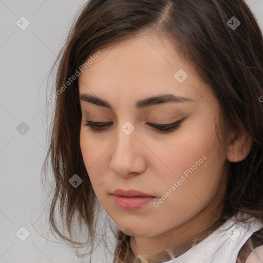 Neutral white young-adult female with long  brown hair and brown eyes