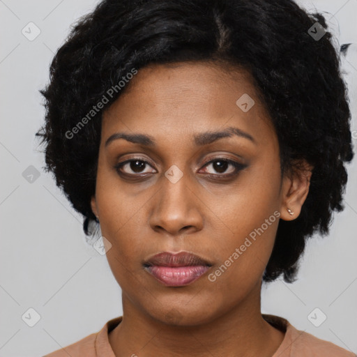 Neutral latino young-adult female with short  black hair and brown eyes