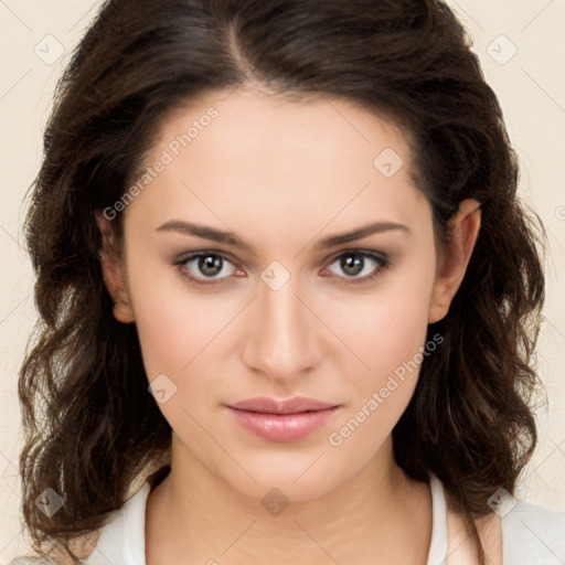 Neutral white young-adult female with medium  brown hair and brown eyes