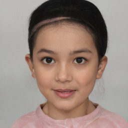 Joyful white child female with short  brown hair and brown eyes