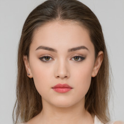 Neutral white young-adult female with medium  brown hair and brown eyes