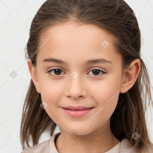 Joyful white child female with medium  brown hair and brown eyes