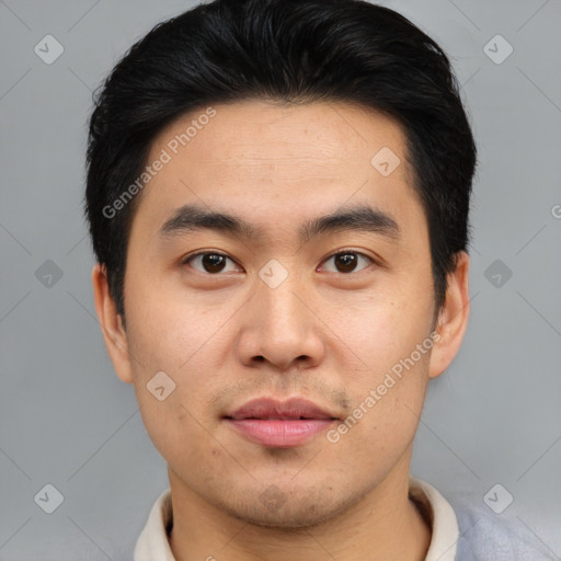 Neutral asian young-adult male with short  black hair and brown eyes