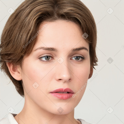 Neutral white young-adult female with medium  brown hair and brown eyes