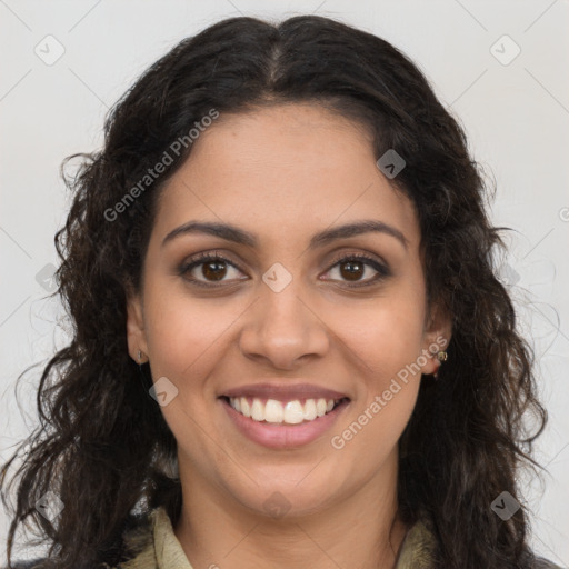 Joyful latino young-adult female with long  brown hair and brown eyes