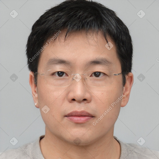 Neutral asian young-adult male with short  brown hair and brown eyes