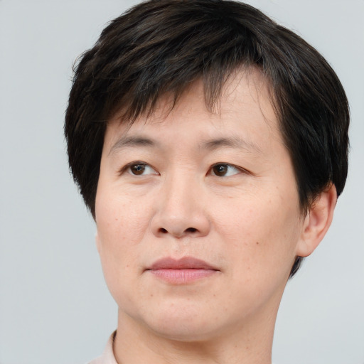 Joyful asian adult male with short  brown hair and brown eyes