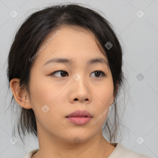 Neutral asian young-adult female with medium  brown hair and brown eyes