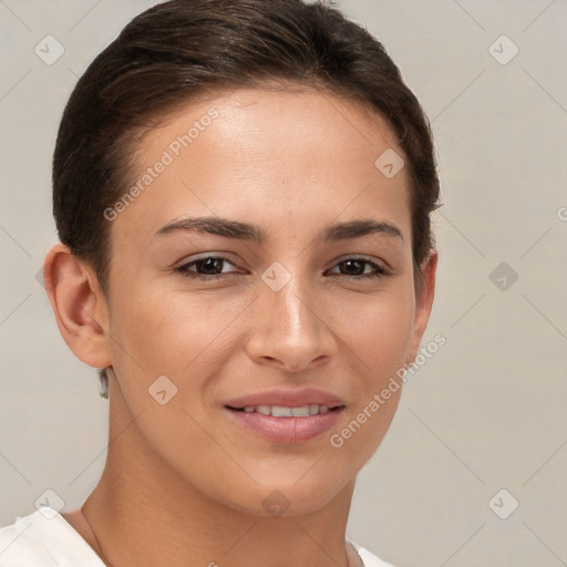 Joyful white young-adult female with short  brown hair and brown eyes