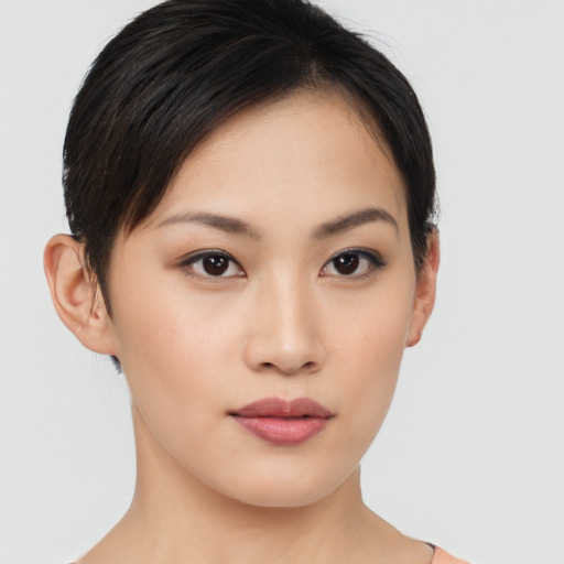 Neutral asian young-adult female with short  brown hair and brown eyes