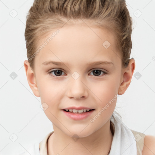 Joyful white child female with short  brown hair and brown eyes