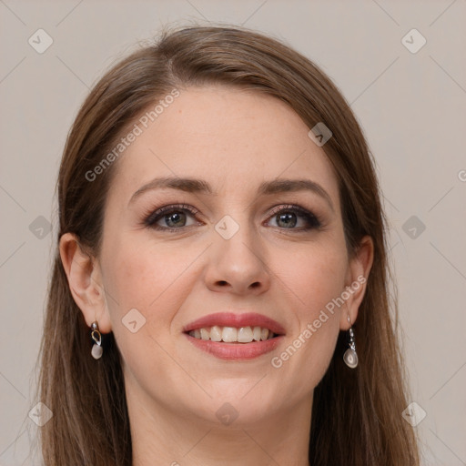 Joyful white young-adult female with long  brown hair and grey eyes