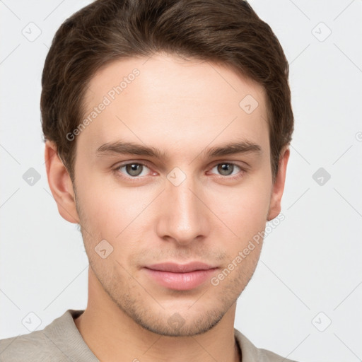 Neutral white young-adult male with short  brown hair and grey eyes