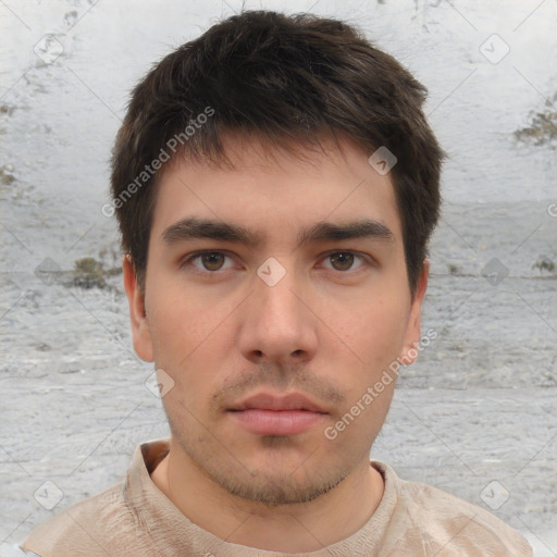 Neutral white young-adult male with short  brown hair and brown eyes