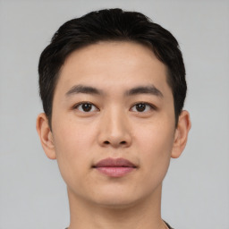 Neutral asian young-adult male with short  black hair and brown eyes