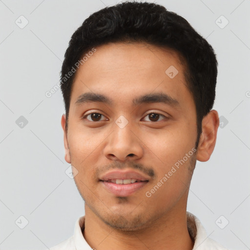 Neutral asian young-adult male with short  black hair and brown eyes