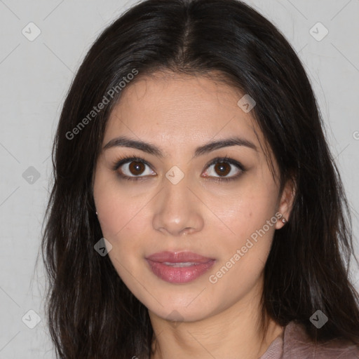 Joyful white young-adult female with long  brown hair and brown eyes