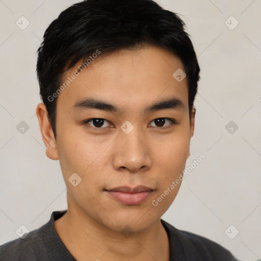 Neutral asian young-adult male with short  black hair and brown eyes