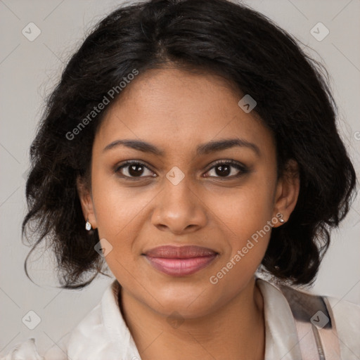 Joyful black young-adult female with medium  brown hair and brown eyes