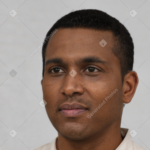 Neutral black young-adult male with short  black hair and brown eyes