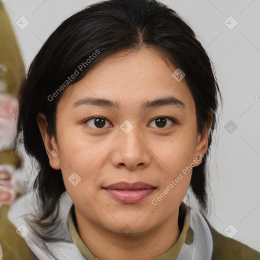 Joyful asian young-adult female with medium  brown hair and brown eyes