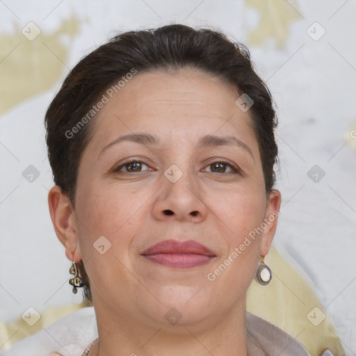 Joyful white adult female with short  brown hair and brown eyes