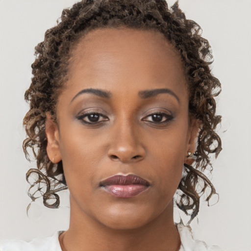 Neutral black young-adult female with medium  brown hair and brown eyes