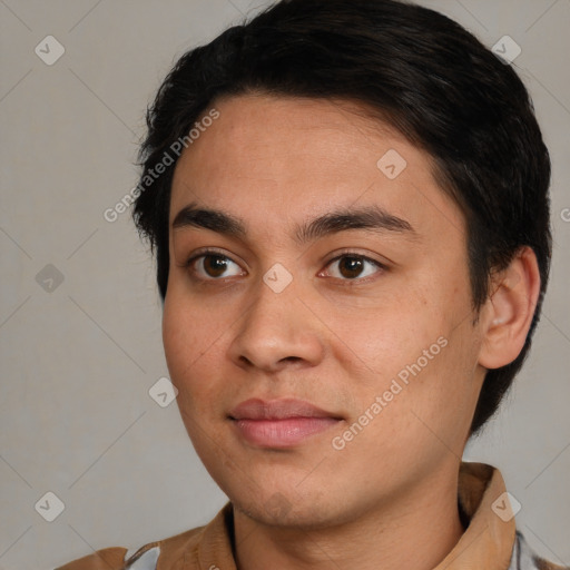 Joyful white young-adult male with medium  brown hair and brown eyes