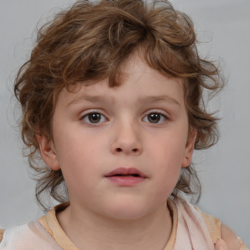 Neutral white child female with medium  brown hair and blue eyes