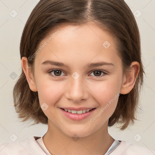 Joyful white child female with medium  brown hair and brown eyes