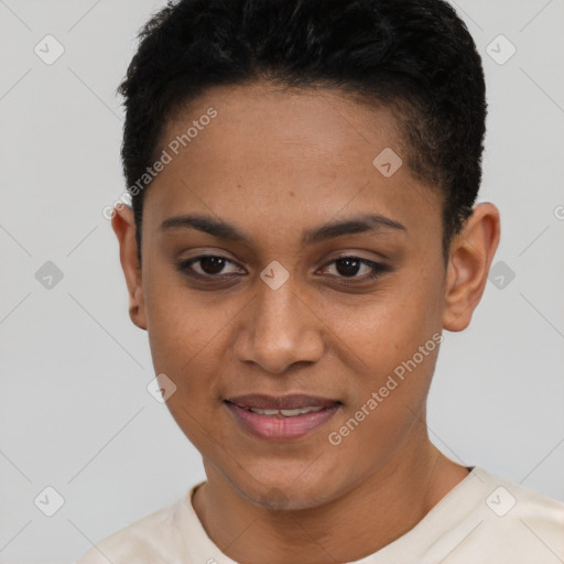 Joyful black young-adult female with short  brown hair and brown eyes