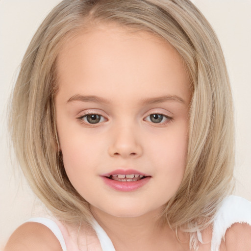 Neutral white child female with medium  brown hair and blue eyes