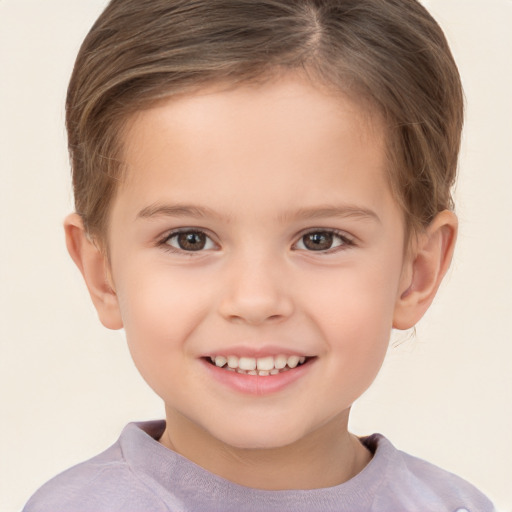 Joyful white child female with short  brown hair and brown eyes