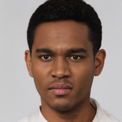 Neutral black young-adult male with short  black hair and brown eyes