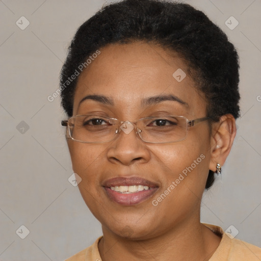 Joyful black adult female with short  brown hair and brown eyes