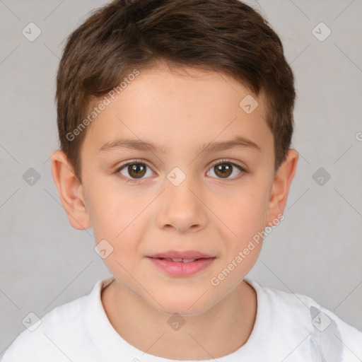 Joyful white child male with short  brown hair and brown eyes