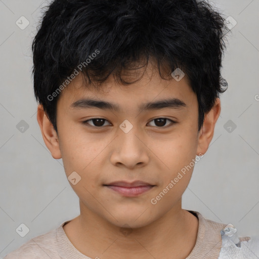 Joyful asian child male with short  brown hair and brown eyes