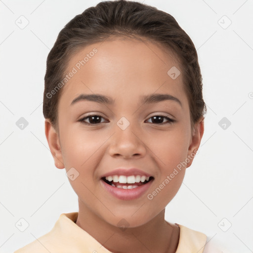 Joyful white child female with short  brown hair and brown eyes