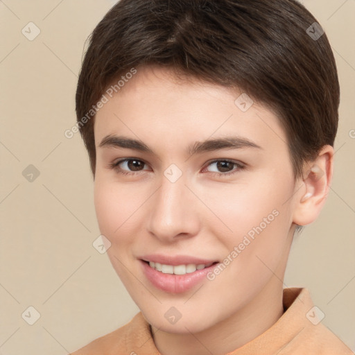 Joyful white young-adult female with short  brown hair and brown eyes