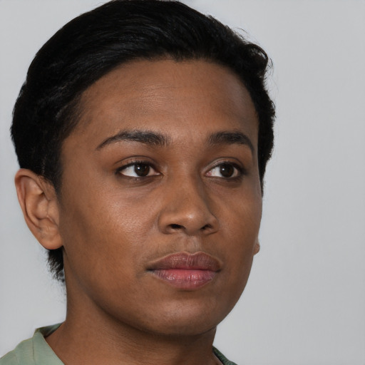 Neutral black young-adult female with short  brown hair and brown eyes